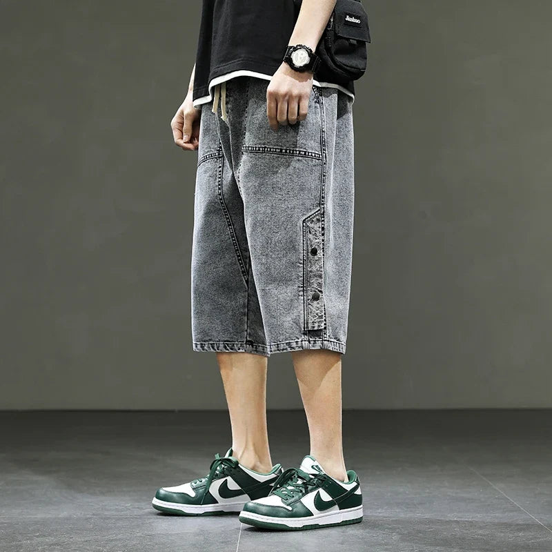 Korean Style Summer Men's Black Wide Leg Denim Shorts New Fashion Casual Baggy Short Jeans Male Plus Size 6XL 8XL YBR602