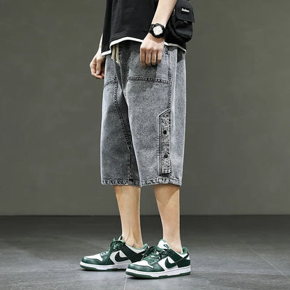 Korean Style Summer Men's Black Wide Leg Denim Shorts New Fashion Casual Baggy Short Jeans Male Plus Size 6XL 8XL YBR602