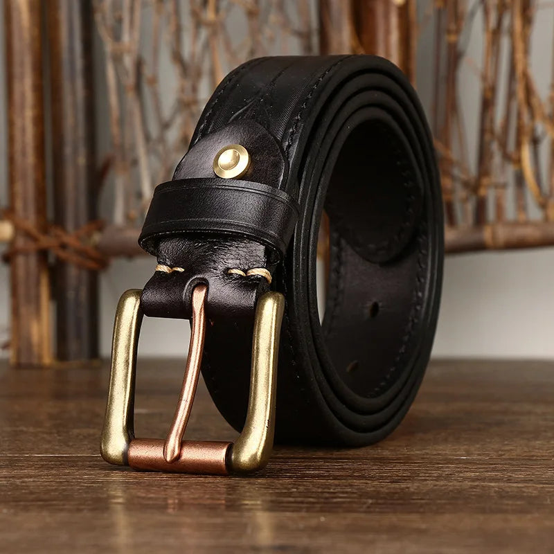 3.8CM Pure Cowhide Genuine Leather Retro Fashion Personality Embossed Belts for Men Luxury Brand Design Male Copper Buckle Belts