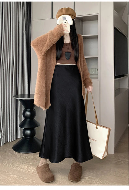 New Autumn Winter Solid Satin Silk Mermaid Skirt Women Fashion High Waist Office Ladies Work Warmth Party Long Maxi Skirt