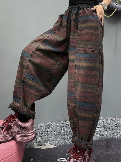 Fall Korean Casual Jeans Womens Classic Striped Fashion Vintage Denim Pants Ladies Loose Elastic Waist Harem Trousers