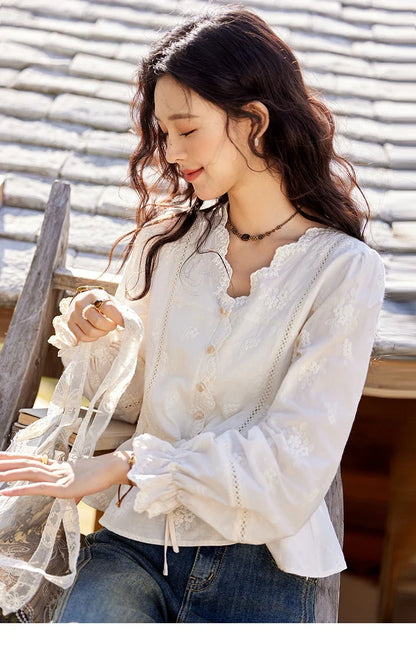 Embroidered Blouse Women 2025 Spring New French Elegant Apricot Lace Premium Drawstring Design V Neck Tops MXE11X1708