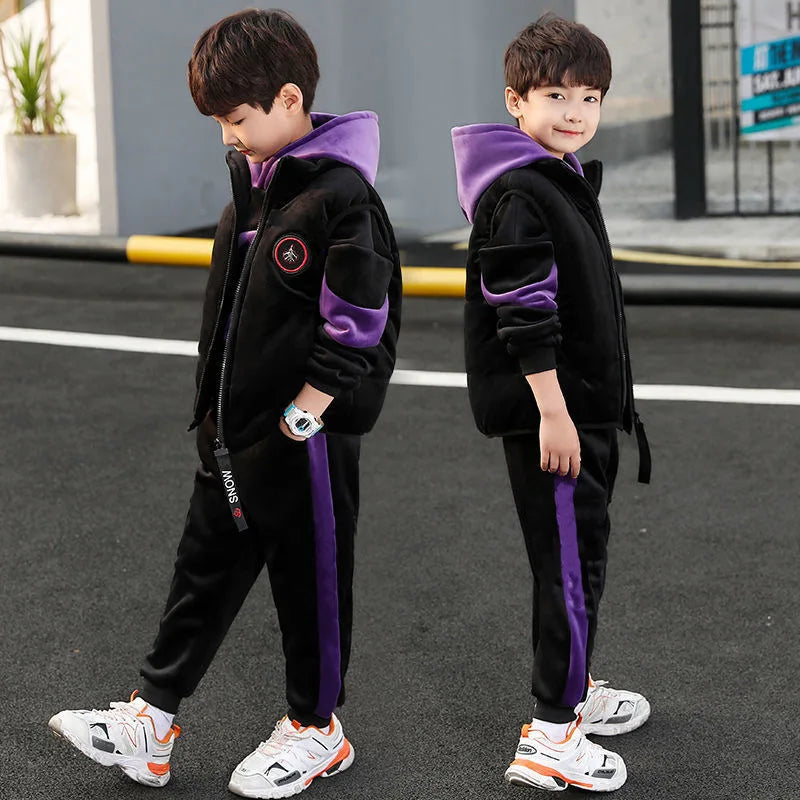 Winter Boys Warm Fleece Lined Zip Waistcoat+Sweatshirt+Sweatpant Sets School Kids 3PCS Tracksuit Children Workout Outfit 5-14Yrs
