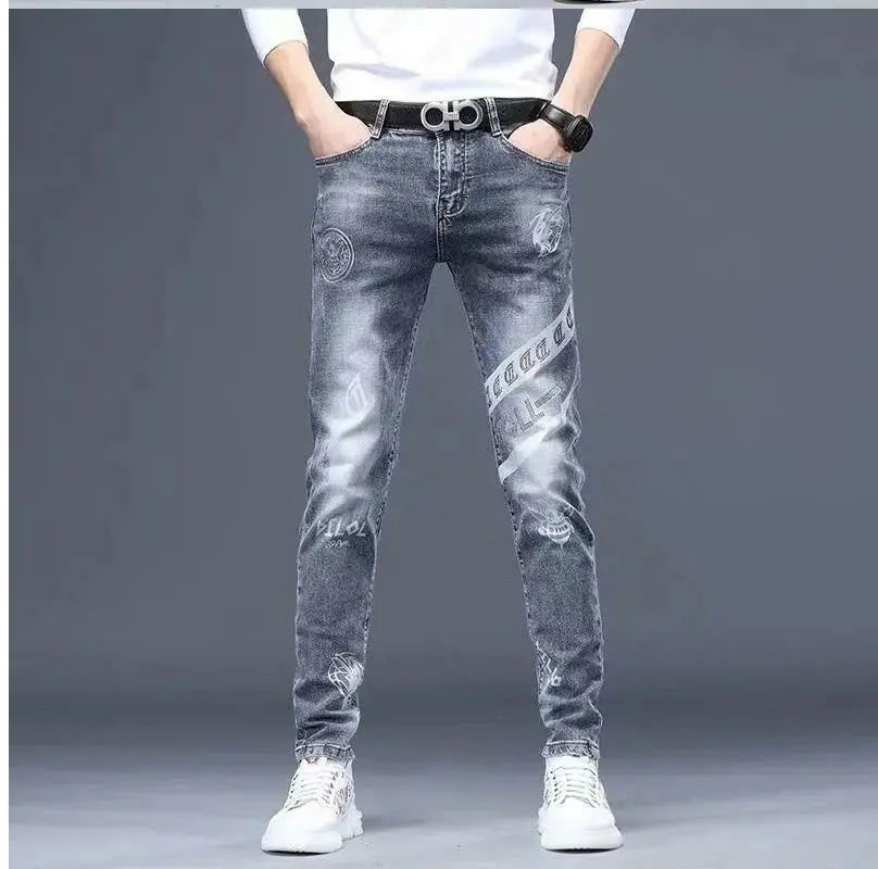 High End Stylish Classic Distinctive Printed Black Stretch Denim Jeans for Men High Quality Slim Fit Stretch Luxury Denim Pants
