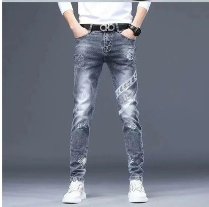 High End Stylish Classic Distinctive Printed Black Stretch Denim Jeans for Men High Quality Slim Fit Stretch Luxury Denim Pants