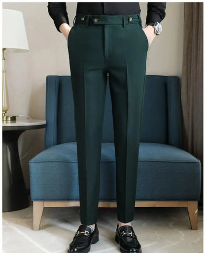 Pure Color Male Business Wedding Dress Pants Fashion Unique Design Men Waist Adjustable Suit Pant No Belt Slim Trousers Homme