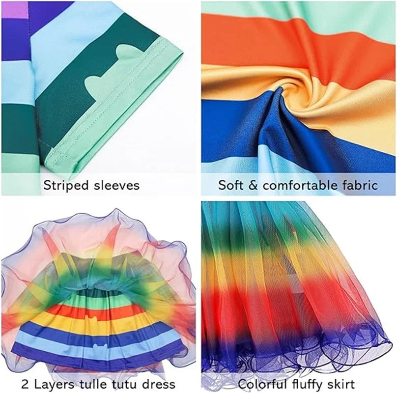 Girls Rainbow Striped T-Shirt Tutu Skirt With Cat Ears Headband Set Halloween Carnival Cosplay Costume Kids Birthday Clothing