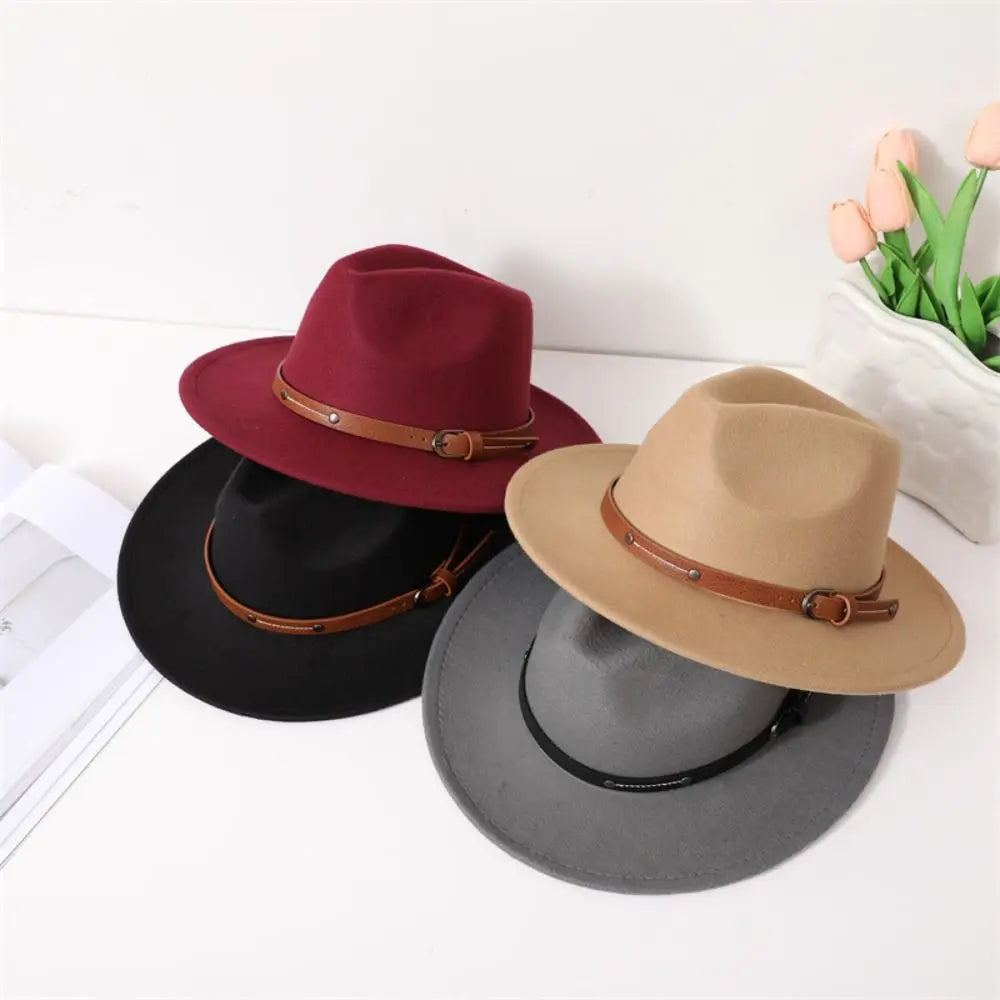 With Belt Buckle Felt Fedora Hats Fashion Vintage Wide Brim Panama Cap Soft Elegant Cowboy Cap Men Women