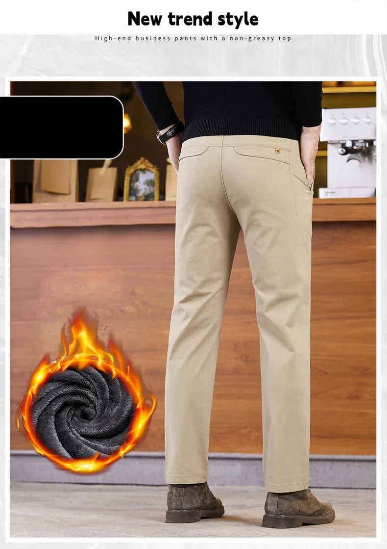 2025 Winter Fleece Pants Men's Pocket Fashion Thickened Cotton Stretch Comfort Plush Straight Business Pants Male