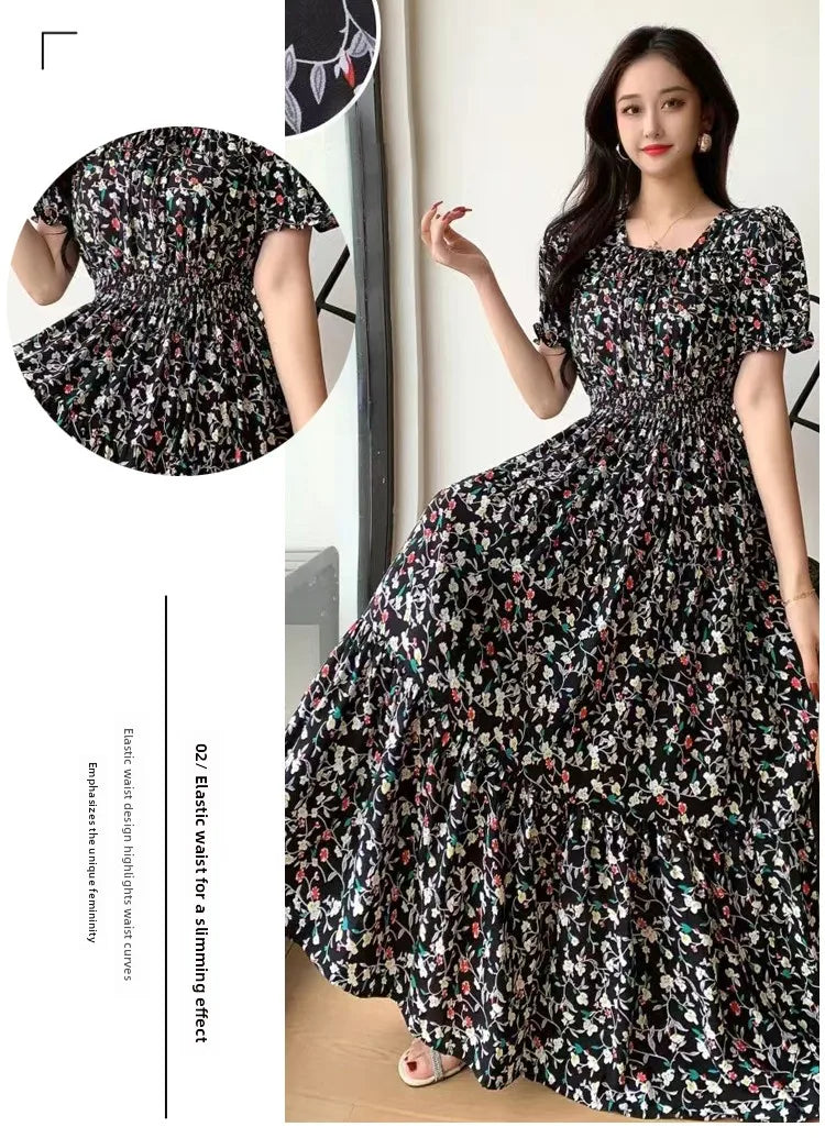 Summer New Cotton Silk Floral Print Maxi Dr ort Sve Beachwear High Waist Young Women's Large Skirt Swing Dr