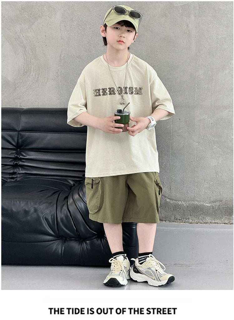 New Summer Korean Children Fashion Suit for Teen Boy Cotton Top And Bottom Set Kids Casual Tshirt Shorts 2PCS Clothing Set 7-16Y