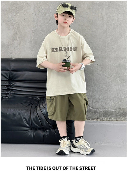 New Summer Korean Children Fashion Suit for Teen Boy Cotton Top And Bottom Set Kids Casual Tshirt Shorts 2PCS Clothing Set 7-16Y