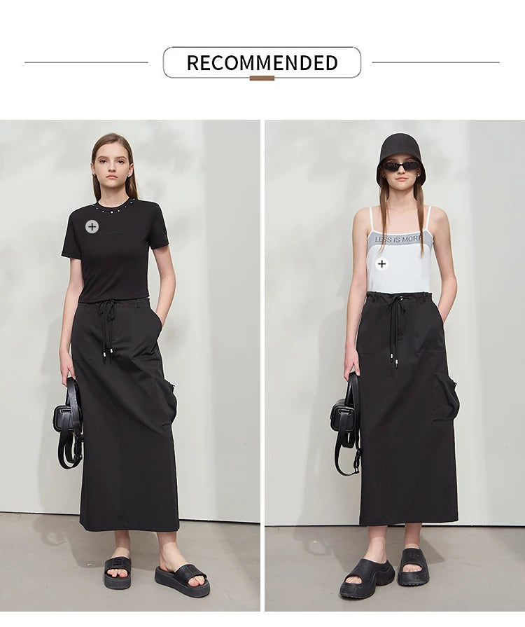 Minimalist Women Clothing Skirt 2025 Autumn New Casual Loose Multi-pocket Drawstring Elastic Waist Long Skirt 12522020