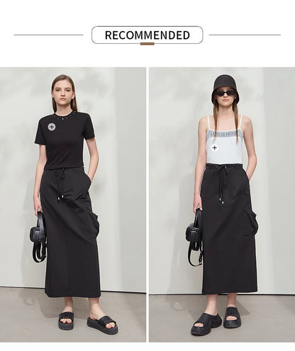 Minimalist Women Clothing Skirt 2025 Autumn New Casual Loose Multi-pocket Drawstring Elastic Waist Long Skirt 12522020