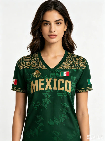 Mexico National Flag 3D Eagle Print Women's T-Shirts Casual V-neck Short Sleeve Tees Fashion Football Fan Summer Female Clothing