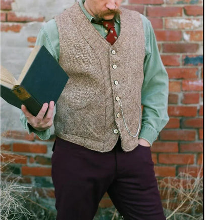Men's Herringbone Vest With Two Real Pocket Single Breasted Tweed Vests Slim Business Sleeveless Waistcoat For Wedding