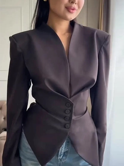 Chic Pleated Waist Cinched Women's Jacket V Neck Single Breasted Lace Up Blazer Coat Lady 2026 Casual Slim Commute Outerwear