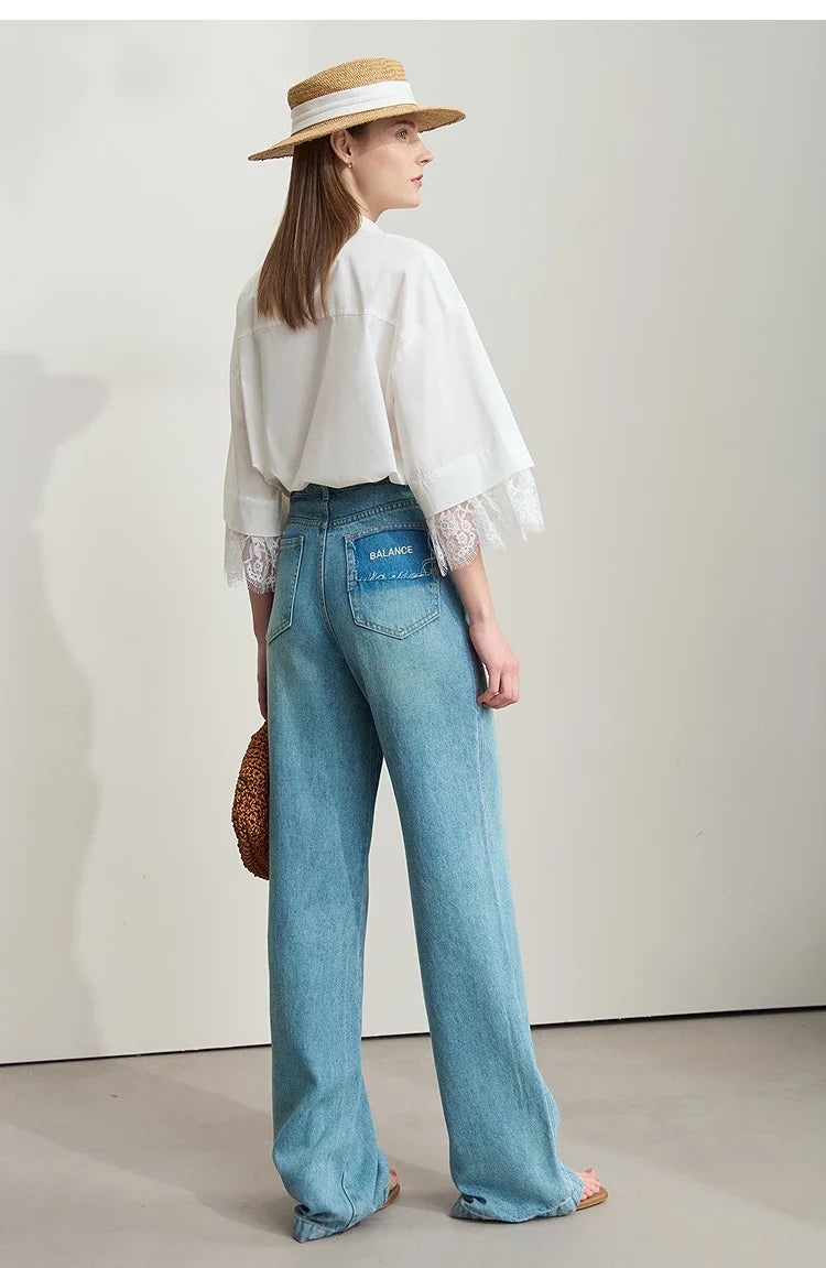 Minimalist Cotton  Shirts for Women 2025 Summer New Solid Lapel Shoulder Half-sleeve Lace Splicing Loose Tops 12542096