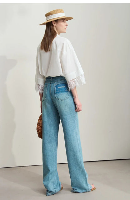 Minimalist Cotton  Shirts for Women 2025 Summer New Solid Lapel Shoulder Half-sleeve Lace Splicing Loose Tops 12542096