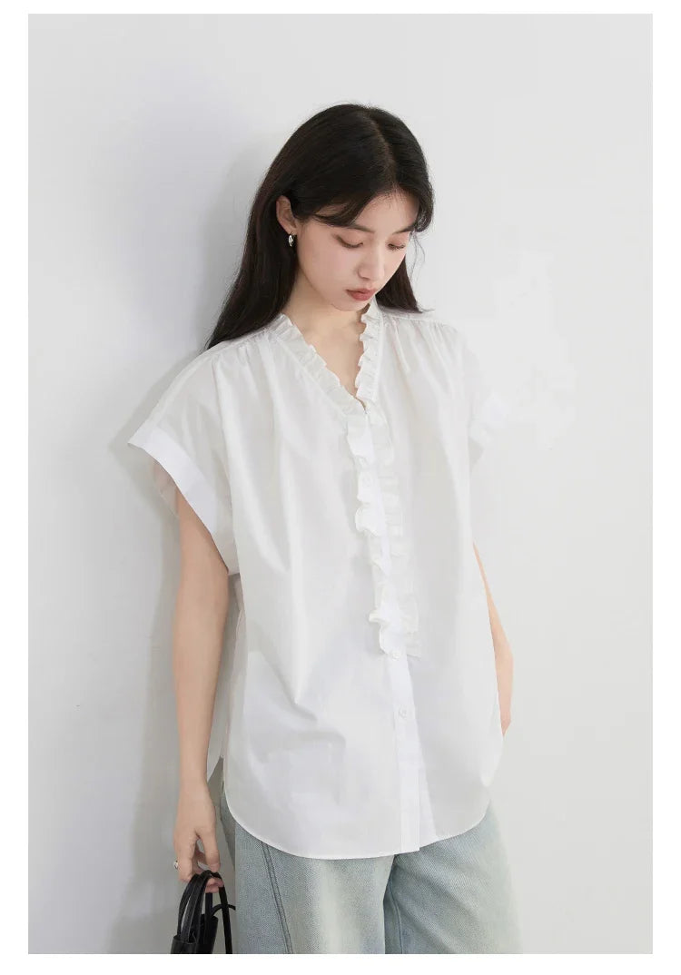 Women Shirts Loose Casual Cotton Ruffled Edge White Short Sleeved Shirt Female Blouses for Woman Summer 2025