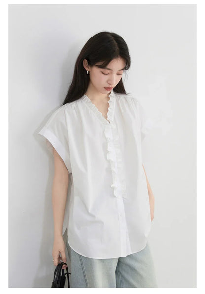Women Shirts Loose Casual Cotton Ruffled Edge White Short Sleeved Shirt Female Blouses for Woman Summer 2025