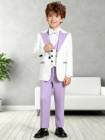 Stylish Notched Lapel Purple Suit Set For Kids Wedding Suits For Flower Boy Kids Formal Suit Set 4 Pieces Classy Tuxedo Suit