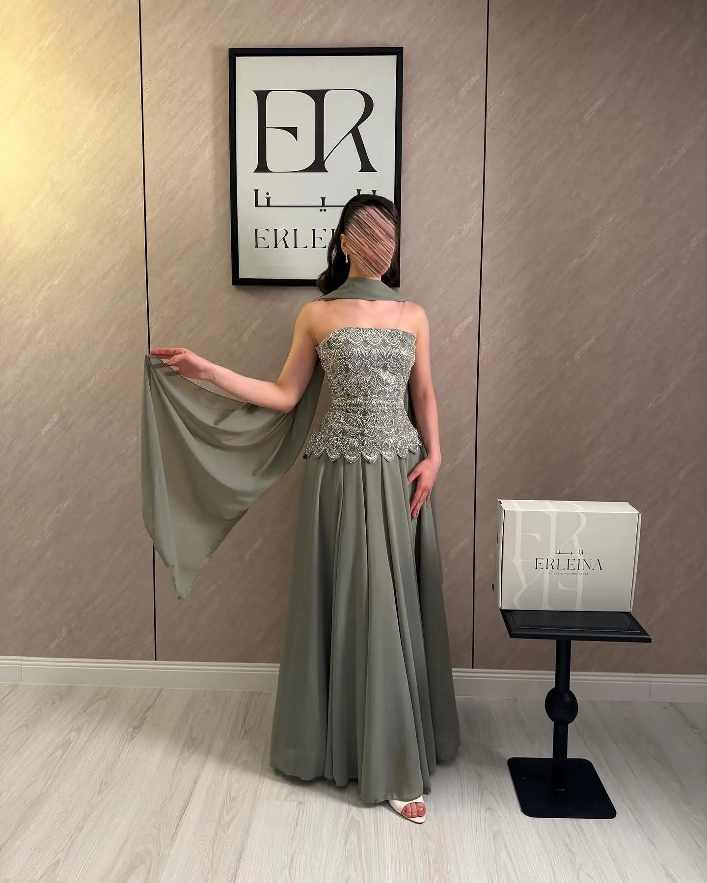 Custom Classic Evening Dress Strapless Beaded Bodice Robes De Soirée Sage Cape Shawl Bridesmaid Dress Maxi Floor Length