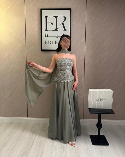 Custom Classic Evening Dress Strapless Beaded Bodice Robes De Soirée Sage Cape Shawl Bridesmaid Dress Maxi Floor Length