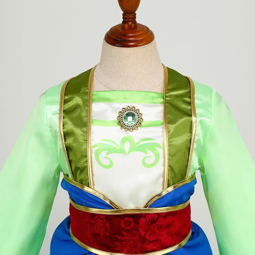 Mulan Cosplay Costume Girl Chinese-style Long-sleeved Hanfu with Hair Accessories Necklace Halloween Girl Hero Costume