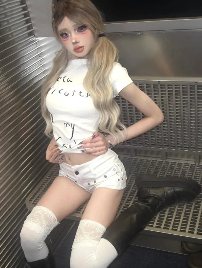 Sexy Low Waist Y2K Denim Shorts for Women Harajuku Design Gothic White Jean Shorts Popular Clubwear Hot Girl Ultrashort Jeans