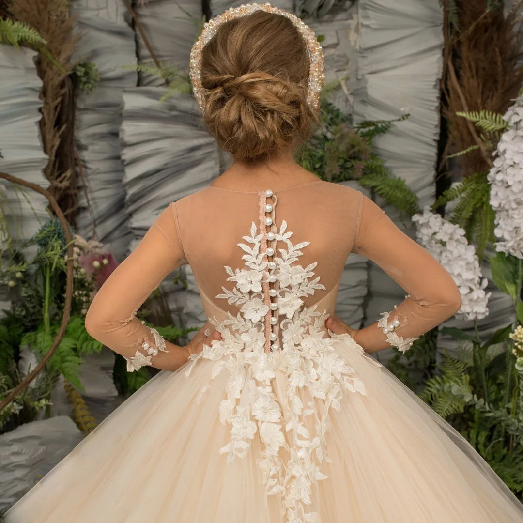 Customized Flower Girl Dress Light Champagne Pearls Floral Appliques Long Sleeve For Wedding Birthday Prom Holy Communion Gown