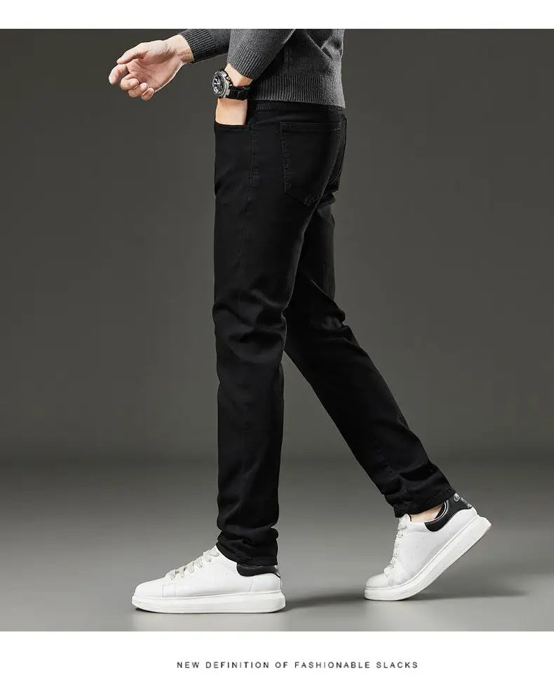 Men's autumn and winter hot jeans elastic small straight leg pants black gray micro elastic zipper fashionable versatile jeans