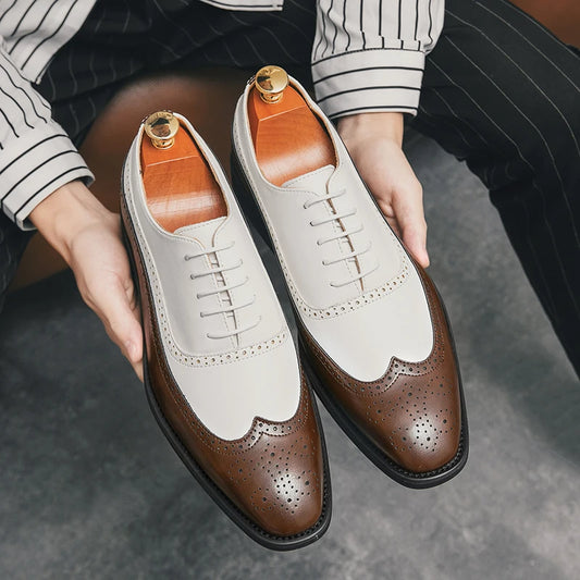 Men Wingtip Detail Dress Shoes, Business Two Tone Oxford Shoes For Wedding party