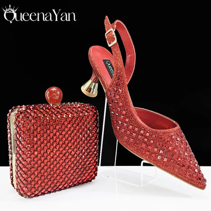 Italian Design Rhinestone Luxury Green Colour Pointed Toe Shoe & Bag Set Women's High Heels for Parties High Quality
