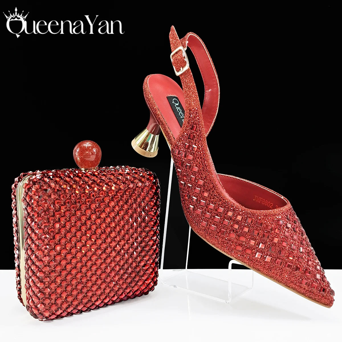 Queena Yan 2025 Italian Design Rhinestone Luxury Navy Blue Pointed Toe Shoe & Bag Set Women High Heels for Parties High Quality