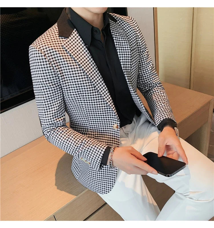2024 Autumn Winter Korean  Houndstooth Blazer Jackets Fashion Color Matching Lapel Design Casual Men's Plaid Suit Coat Tuxedo