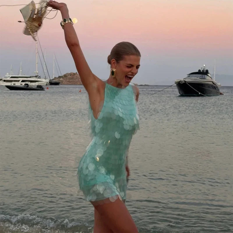 Sexy Sequin Backless Sleeveless Dress Women Chic High Waist Bodycon Sling Mini Dresses 2026 Lady Beach Vacation Party Club Wear