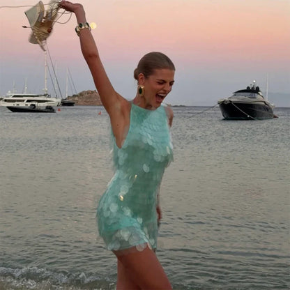 Sexy Sequin Backless Sleeveless Dress Women Chic High Waist Bodycon Sling Mini Dresses 2026 Lady Beach Vacation Party Club Wear