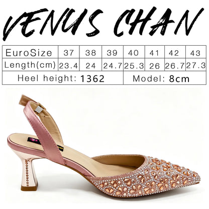 2026 New Arrival Italian-Inspired Peach Rhinestone Pointed Toe Women’s High Heels with Matching Handbag Set – Elegant Wedding