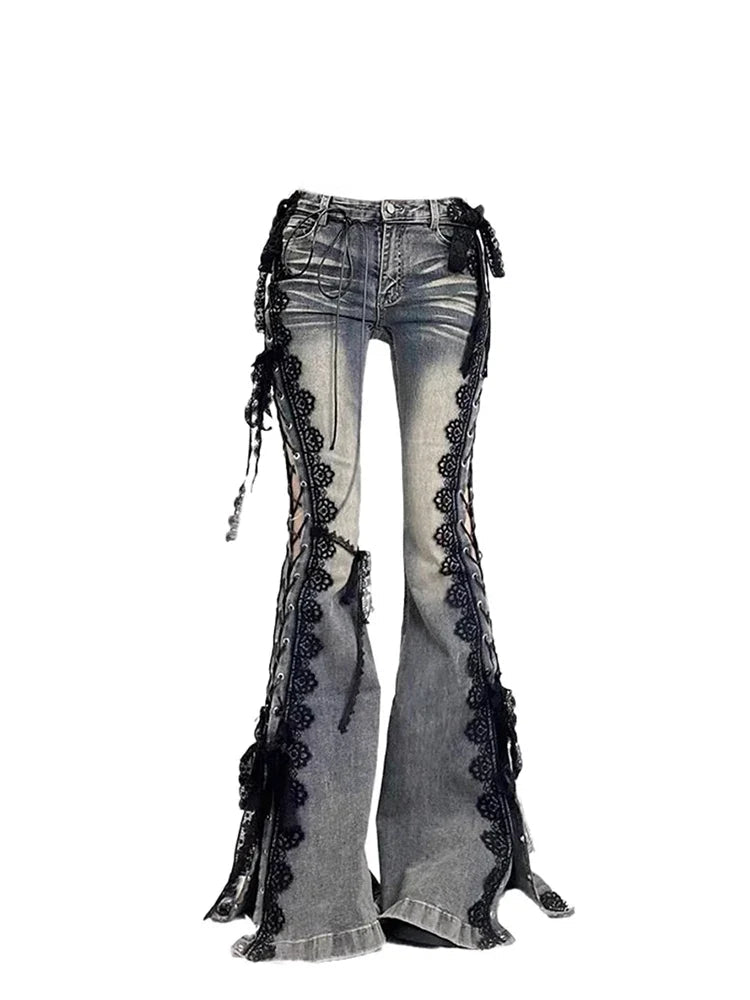 Women Dark Academia Goblin Core Harajuku Y2K Low Rise Lace Jeans Abi Denim Flare Pants Bell-Bottom Y2k Japanese Goth Gyaru Kpop
