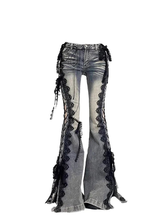 Women Dark Academia Goblin Core Harajuku Y2K Low Rise Lace Jeans Abi Denim Flare Pants Bell-Bottom Y2k Japanese Goth Gyaru Kpop