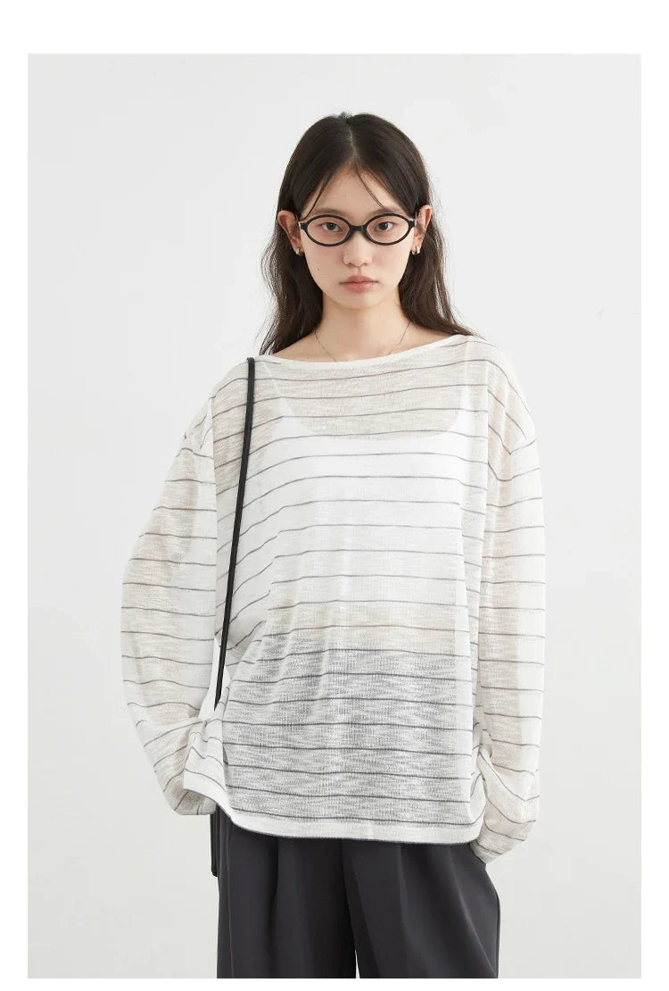 Korean Women T-Shirts Loose Casual New Striped Long Sleeve Sunscreen Shirt Designed Female Tees Summer 2025