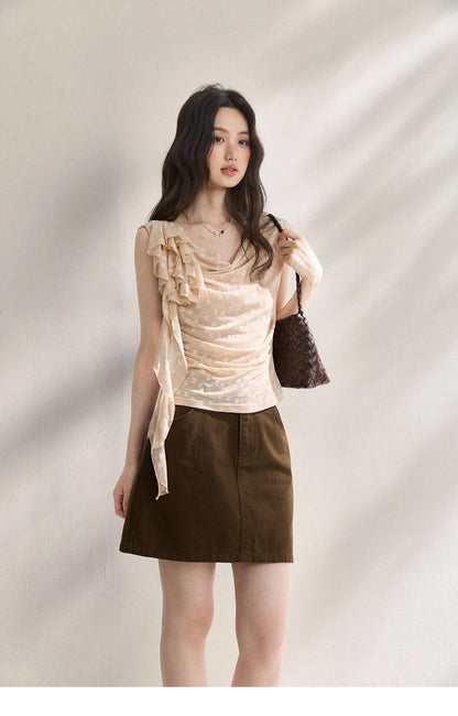 French Floral Lace Swing Neck Shirt For Women 2026 Summer New Pleated 3D Floral Ribbon Hazy Elegant Slim Top MXF24X2617