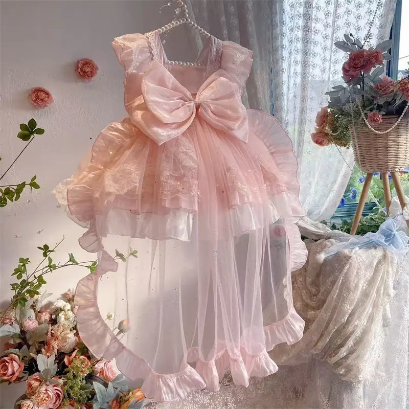 Sweet Baby Girls Summer New Pink Lolita Princess Dress Kids Tulle Ruffle Trim Feifei Sleeve Bow Birthday Performance Ball Gown