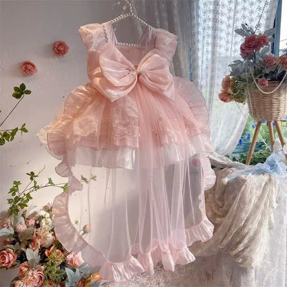 Sweet Baby Girls Summer New Pink Lolita Princess Dress Kids Tulle Ruffle Trim Feifei Sleeve Bow Birthday Performance Ball Gown