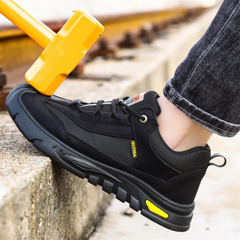 Black Leather Work Safety Shoes Waterproof Indestructible Steel Toe Cap Labor Shoes For Men Breathable Anti Smashing Sneakers
