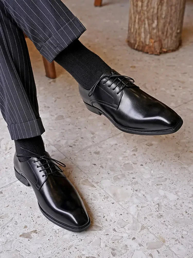 Italian Flat Mens Dress Shoes Luxury Genuine Leather Brand Handmade Quality Square Toe Laces Up New Business Party Social Shoes