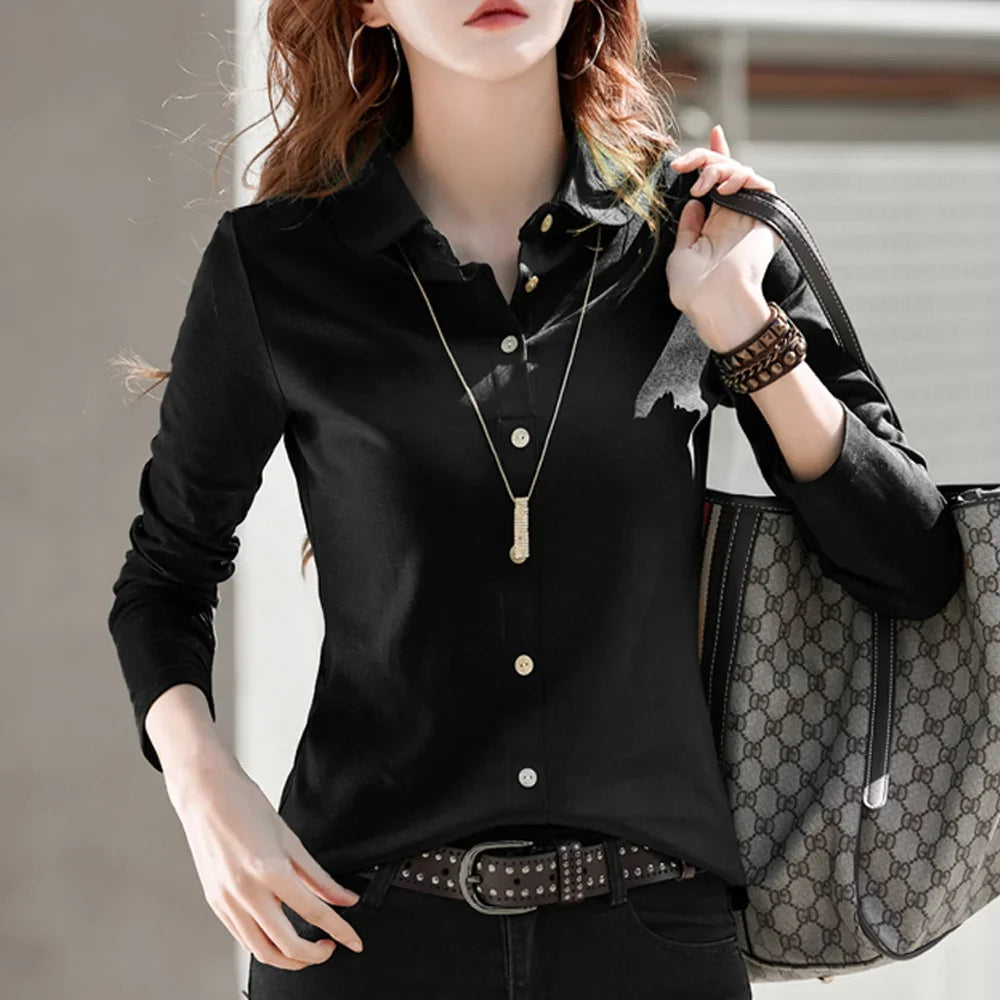 Pure cotton polo collar long sleeved t-shirt women's loose spring/summer new slimming and versatile fashion polo collar top