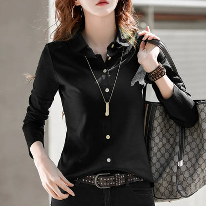 Pure cotton polo collar long sleeved t-shirt women's loose spring/summer new slimming and versatile fashion polo collar top