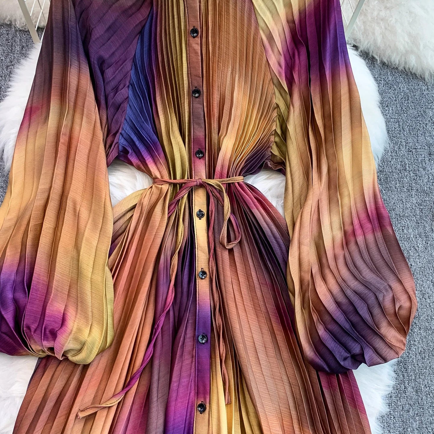 Ele Printed round Ne Lantern Sve Dr Women's Single Button Waist Cinch Maxi Skirt Long Dr Commute Sle Autumn